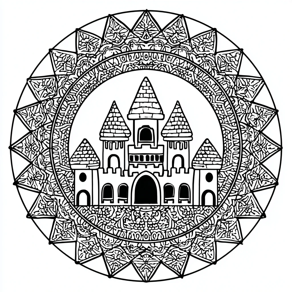 Dibujo de mandala de castillo con técnica zentangle para colorear Dibujo de mandala de castillo con técnica zentangle para colorear