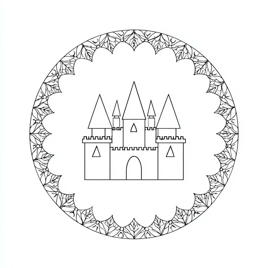 Dibujo de mandala simple de castillo con círculo decorativo para colorear Dibujo de mandala simple de castillo con círculo decorativo para colorear