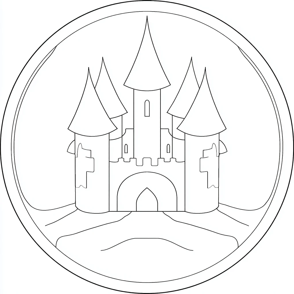 Dibujo de mandala circular de contorno de castillo simple para colorear Dibujo de mandala circular de contorno de castillo simple para colorear