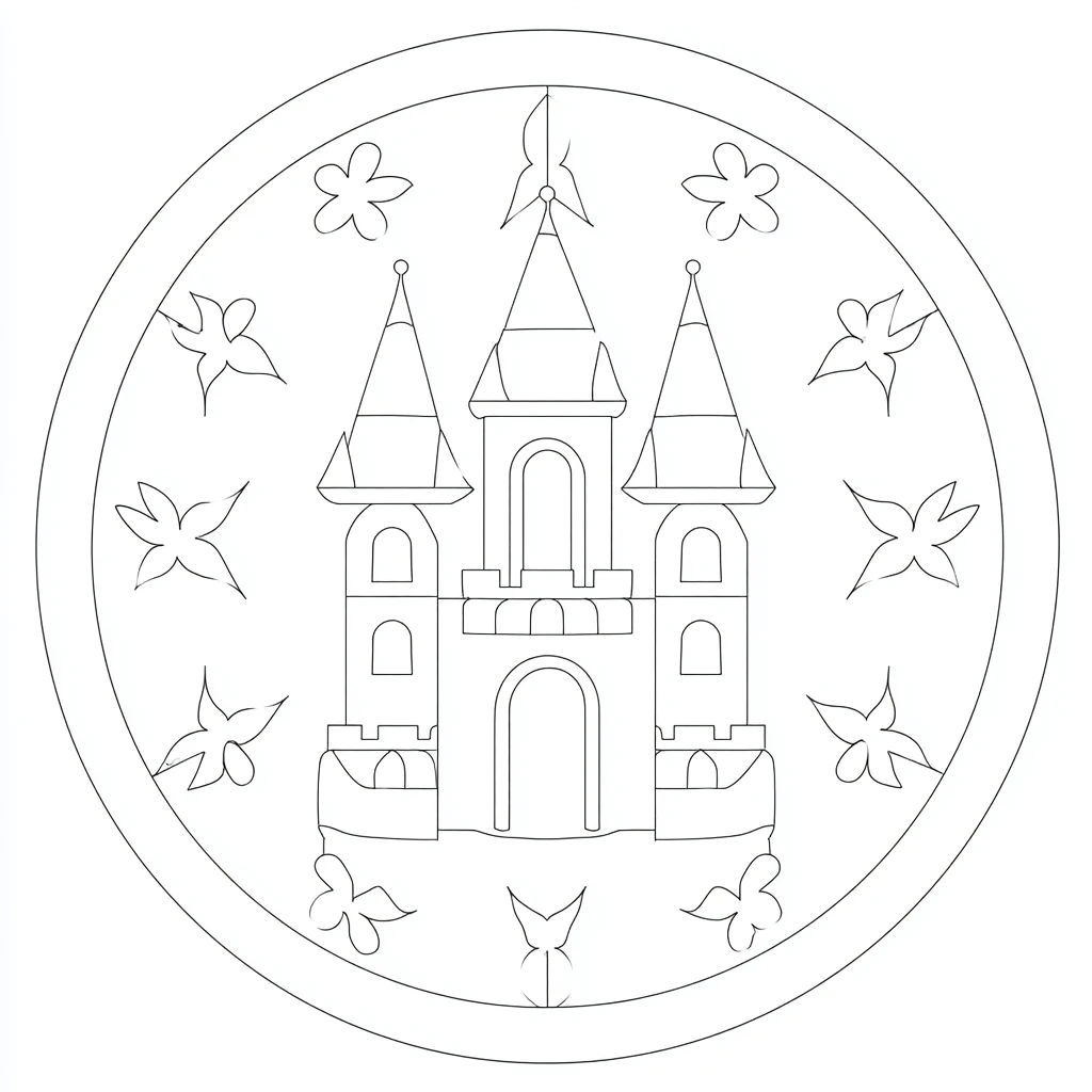 Dibujo de mandala minimalista de castillo infantil para colorear Dibujo de mandala minimalista de castillo infantil para colorear