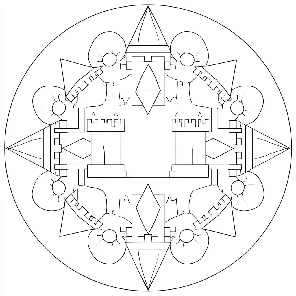 Dibujo de mandala de castillos en simetría geométrica para colorear Dibujo de mandala de castillos en simetría geométrica para colorear