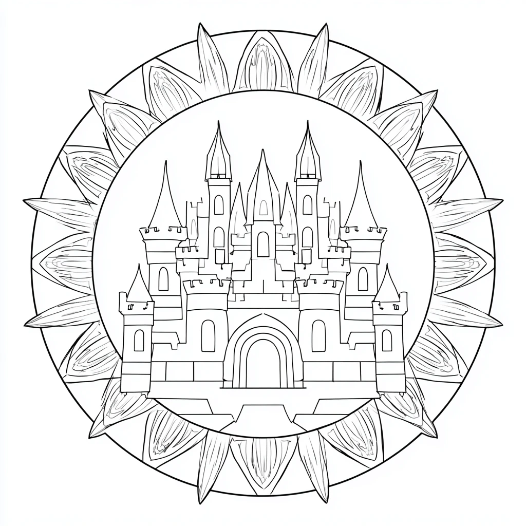 Dibujo de mandala de castillo en círculo estrellado para colorear Dibujo de mandala de castillo en círculo estrellado para colorear