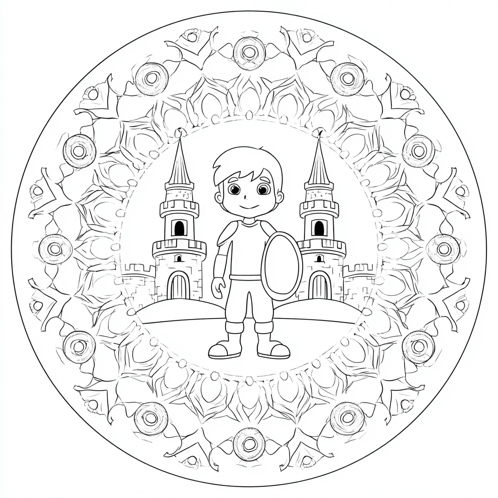 Dibujo de mandala circular decorativo de castillo con héroe para colorear Dibujo de mandala circular decorativo de castillo con héroe para colorear