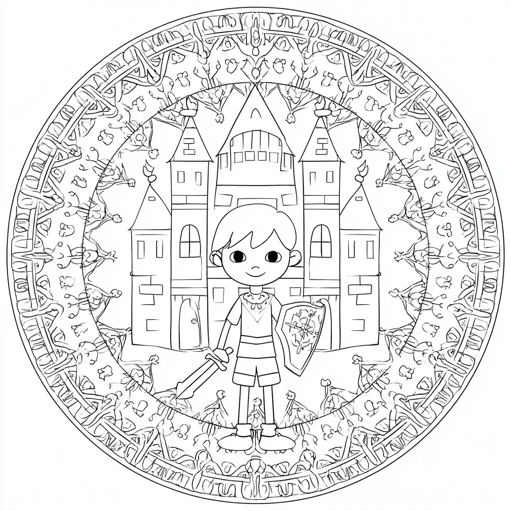 Dibujo de mandala artístico de castillo y príncipe valiente para colorear Dibujo de mandala artístico de castillo y príncipe valiente para colorear