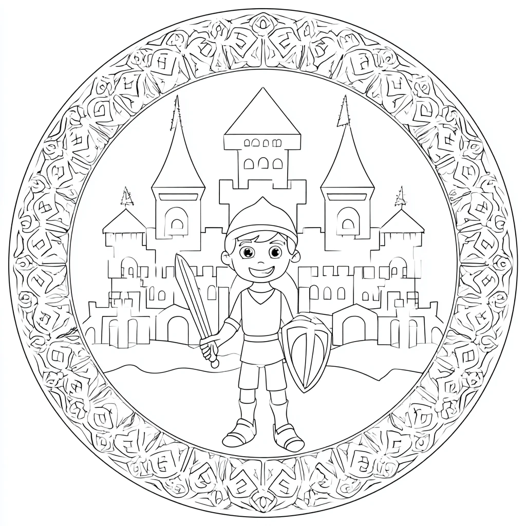 Dibujo de mandala de castillo y guerrero de cuentos para colorear Dibujo de mandala de castillo y guerrero de cuentos para colorear