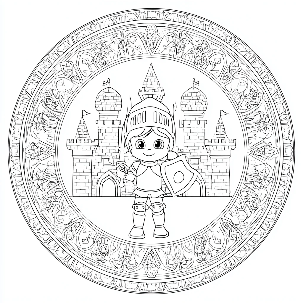 Dibujo de mandala ornamental de castillo con caballero para colorear Dibujo de mandala ornamental de castillo con caballero para colorear