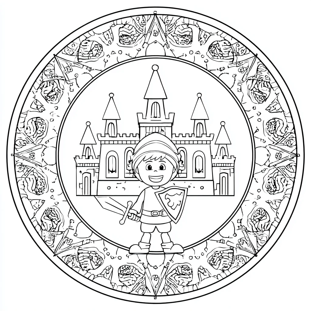 Dibujo de mandala decorativo de castillo con caballero heroico para colorear Dibujo de mandala decorativo de castillo con caballero heroico para colorear