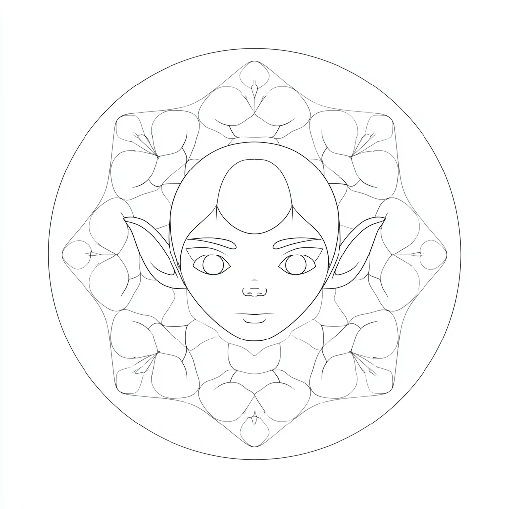 Dibujo de mandala simple de rostro de elfo mágico para colorear Dibujo de mandala simple de rostro de elfo mágico para colorear