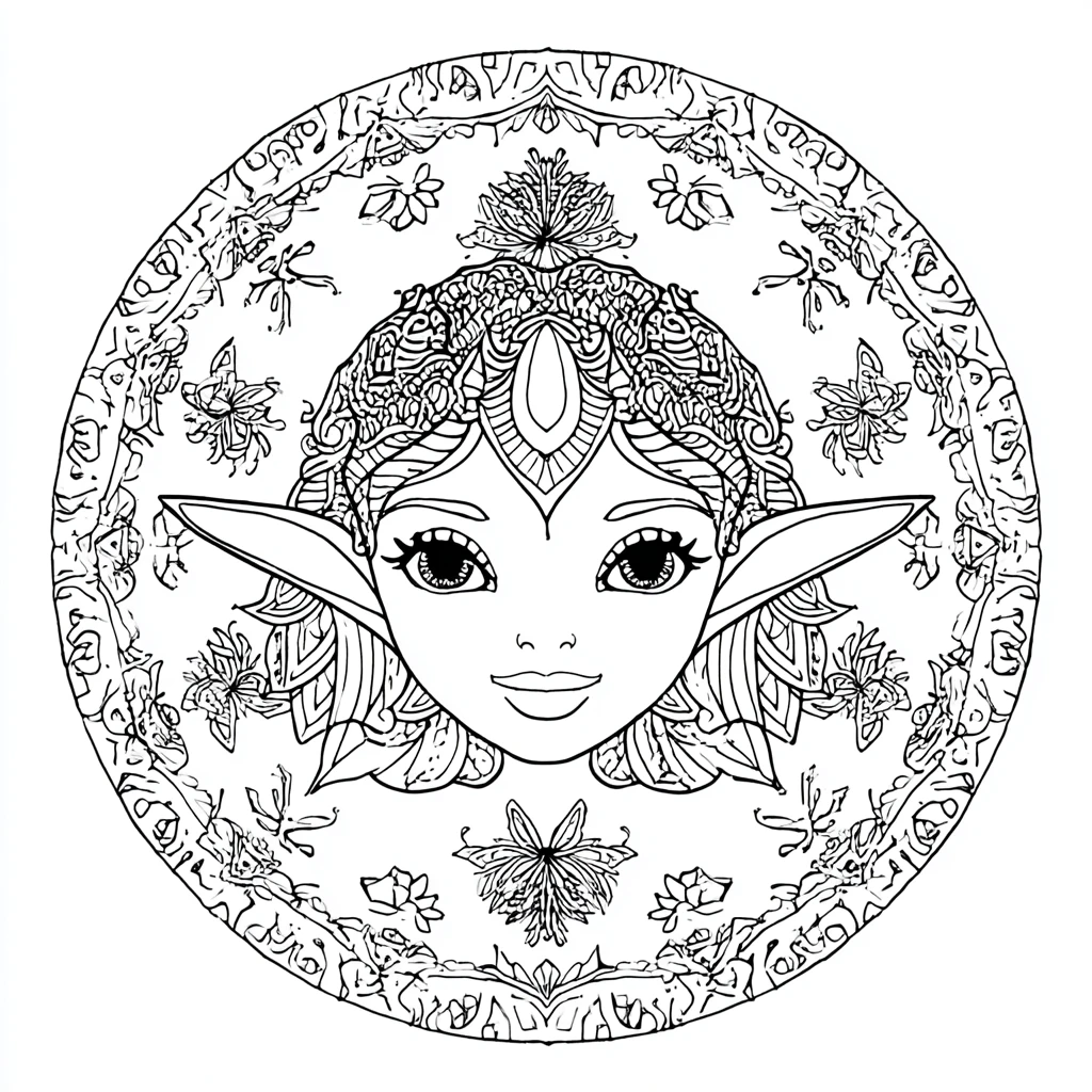 Dibujo de mandala con rostro de elfa hermosa para colorear Dibujo de mandala con rostro de elfa hermosa para colorear