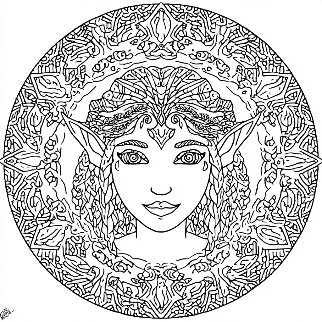 Dibujo de mandala decorativo de una elfa noble para colorear Dibujo de mandala decorativo de una elfa noble para colorear
