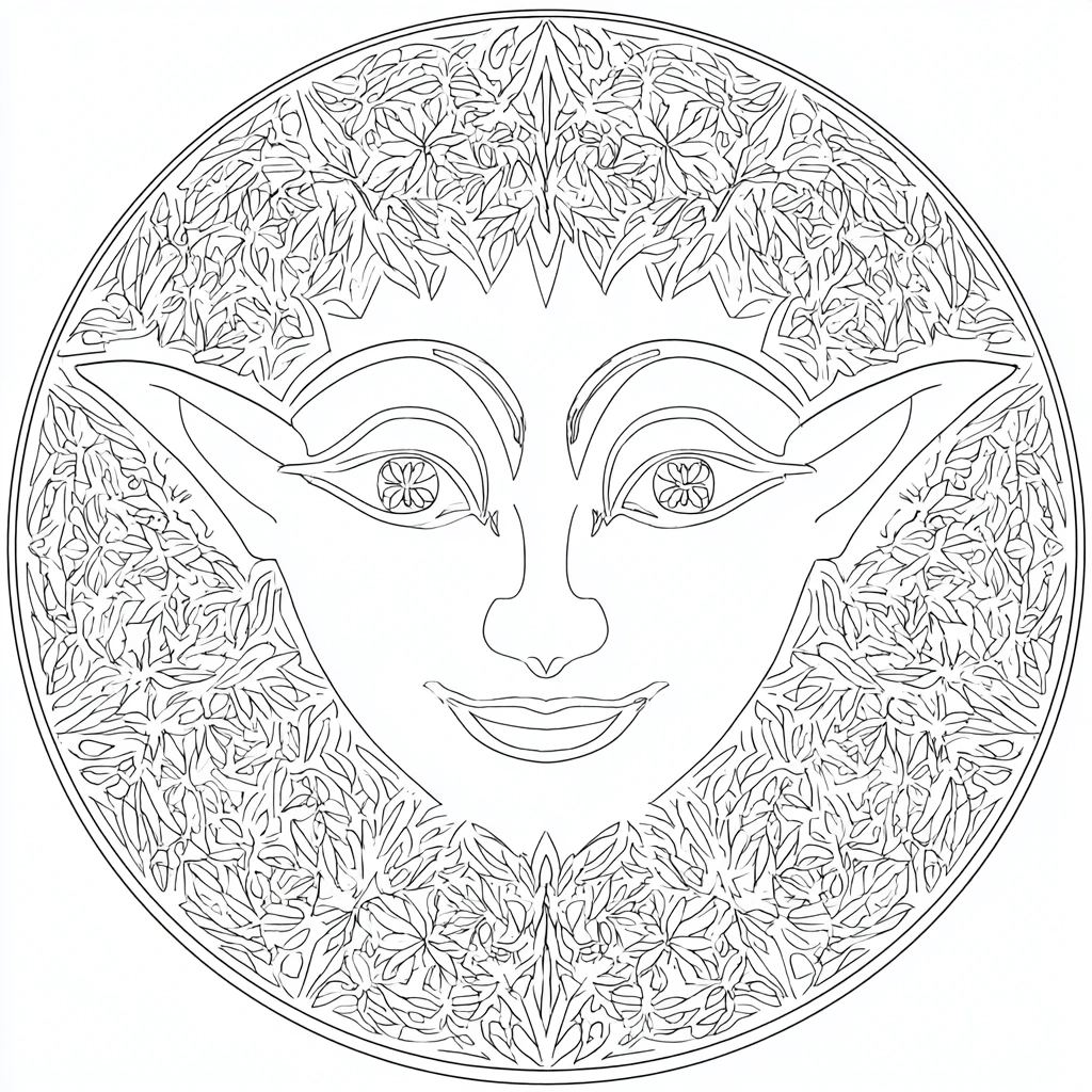Dibujo de mandala circular de rostro élfico con hojas para colorear Dibujo de mandala circular de rostro élfico con hojas para colorear