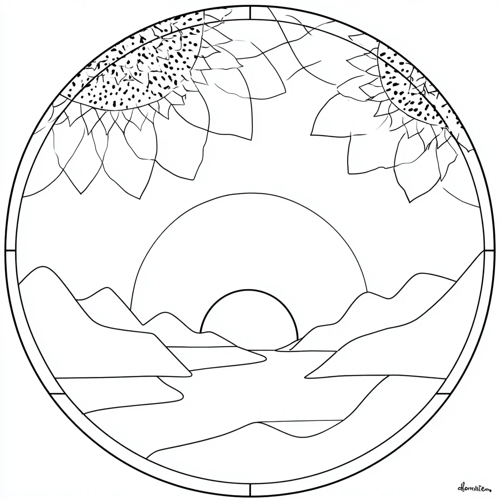 Dibujo de mandala minimalista circular de paisaje sereno para colorear