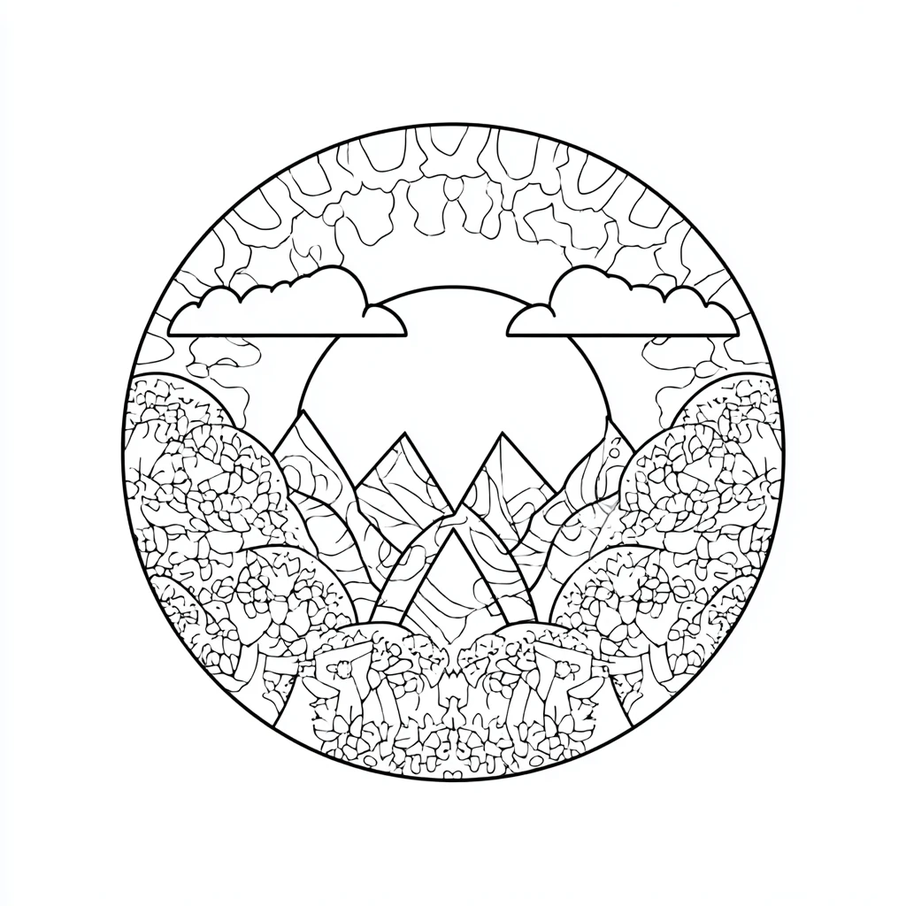 Dibujo de mandala de paisaje montañoso de estilo zentangle para colorear
