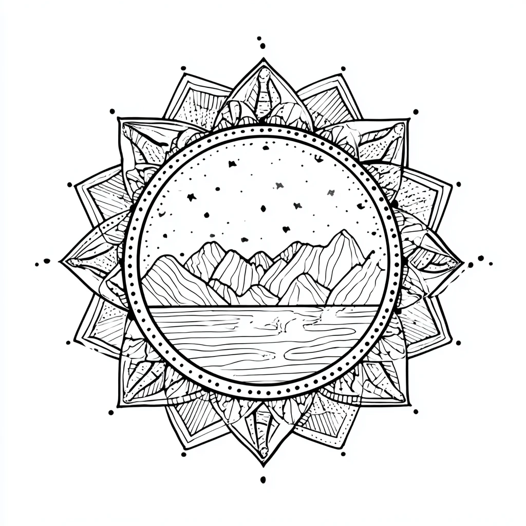 Dibujo de mandala estrellado con paisaje montañoso para colorear