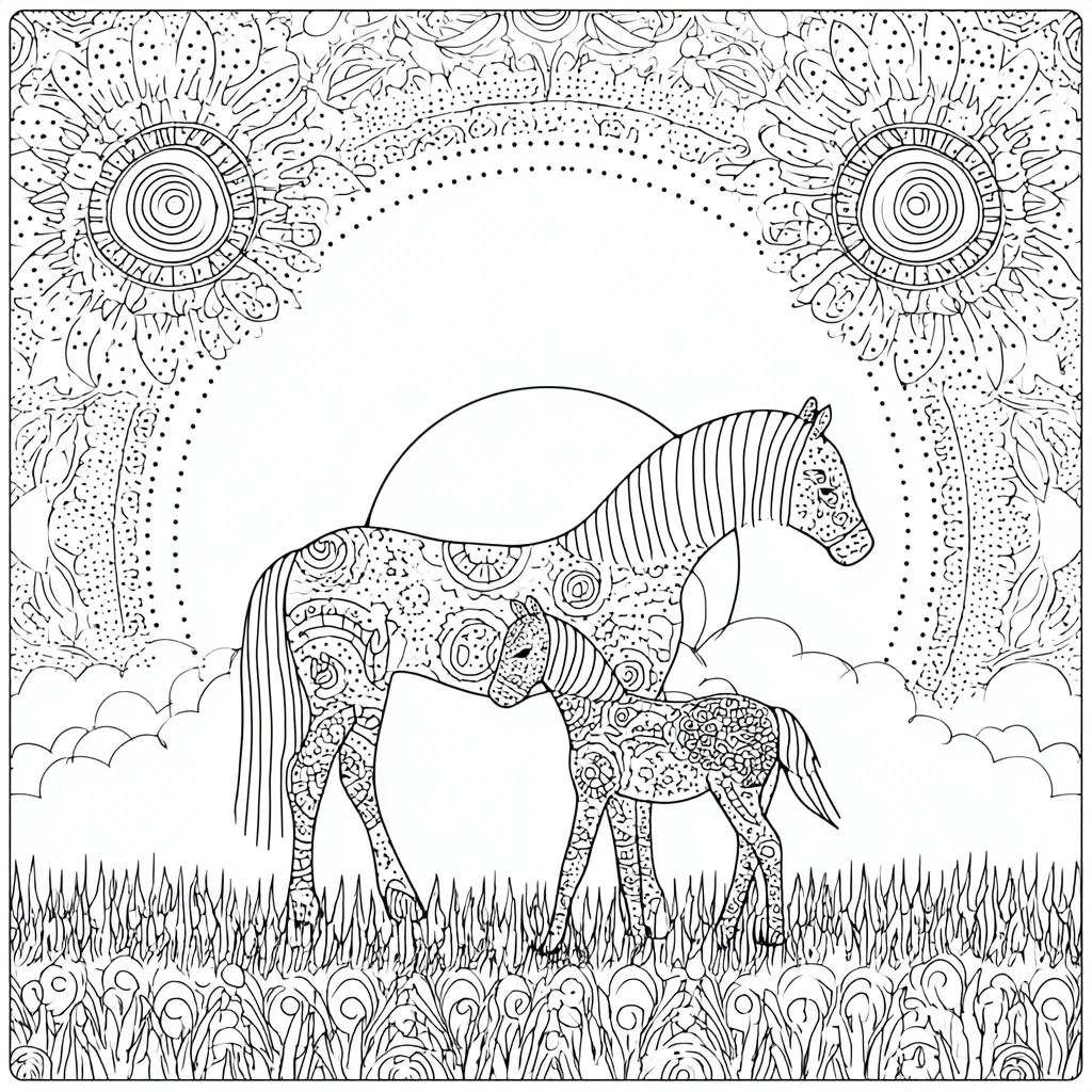 Dibujo de mandala de caballo y potro zentangle con puntillismo para colorear
