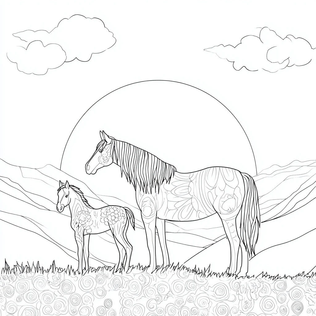Dibujo de mandala artístico de caballo y potro en la hierba para colorear