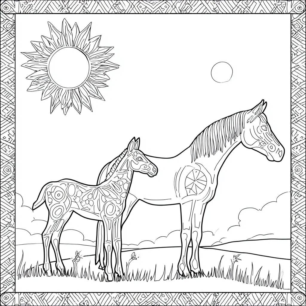 Dibujo de mandala con adornos tribales de caballo y potro para colorear