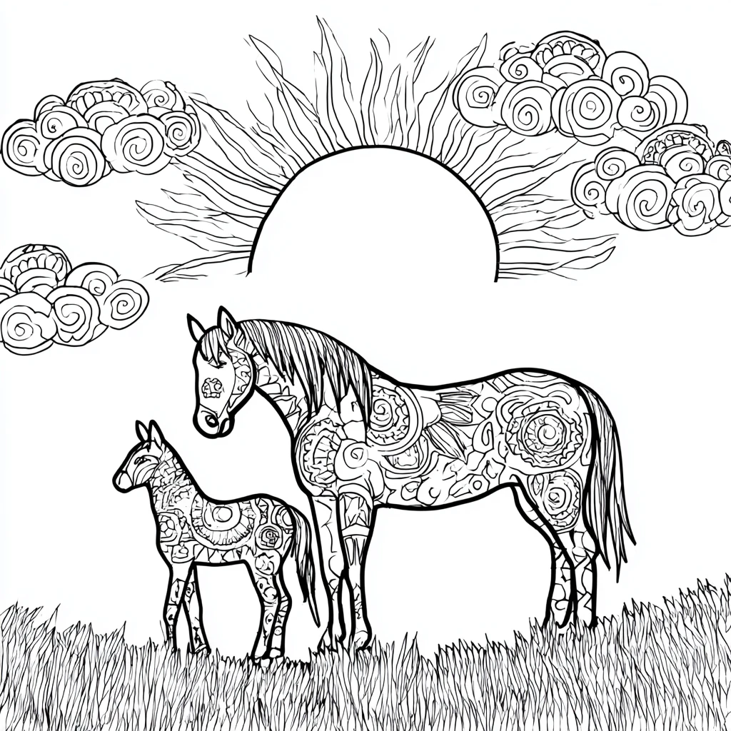 Dibujo de mandala de yegua y potro en paisaje artístico para colorear
