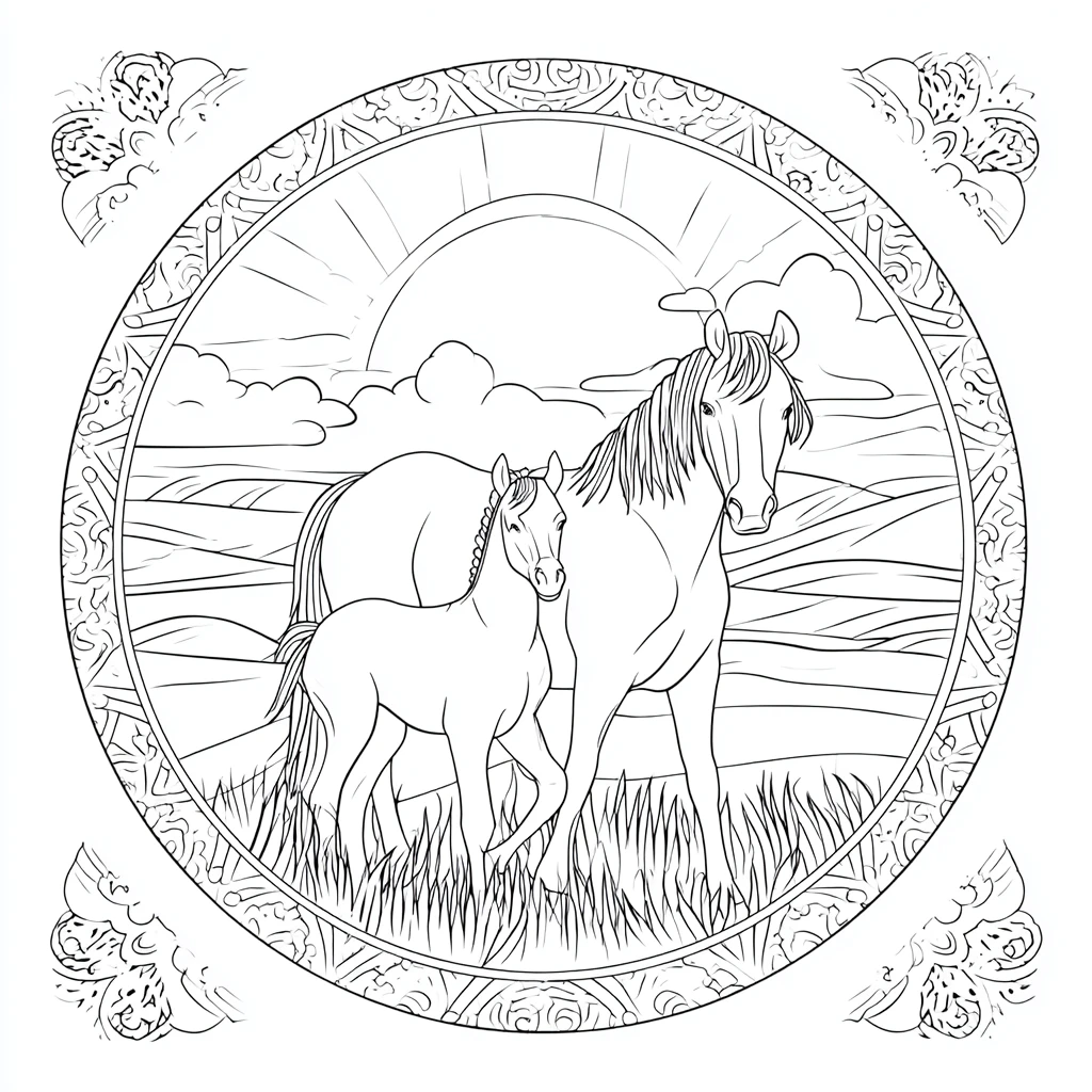 Dibujo de mandala ornamental de caballo y potro bajo el sol para colorear