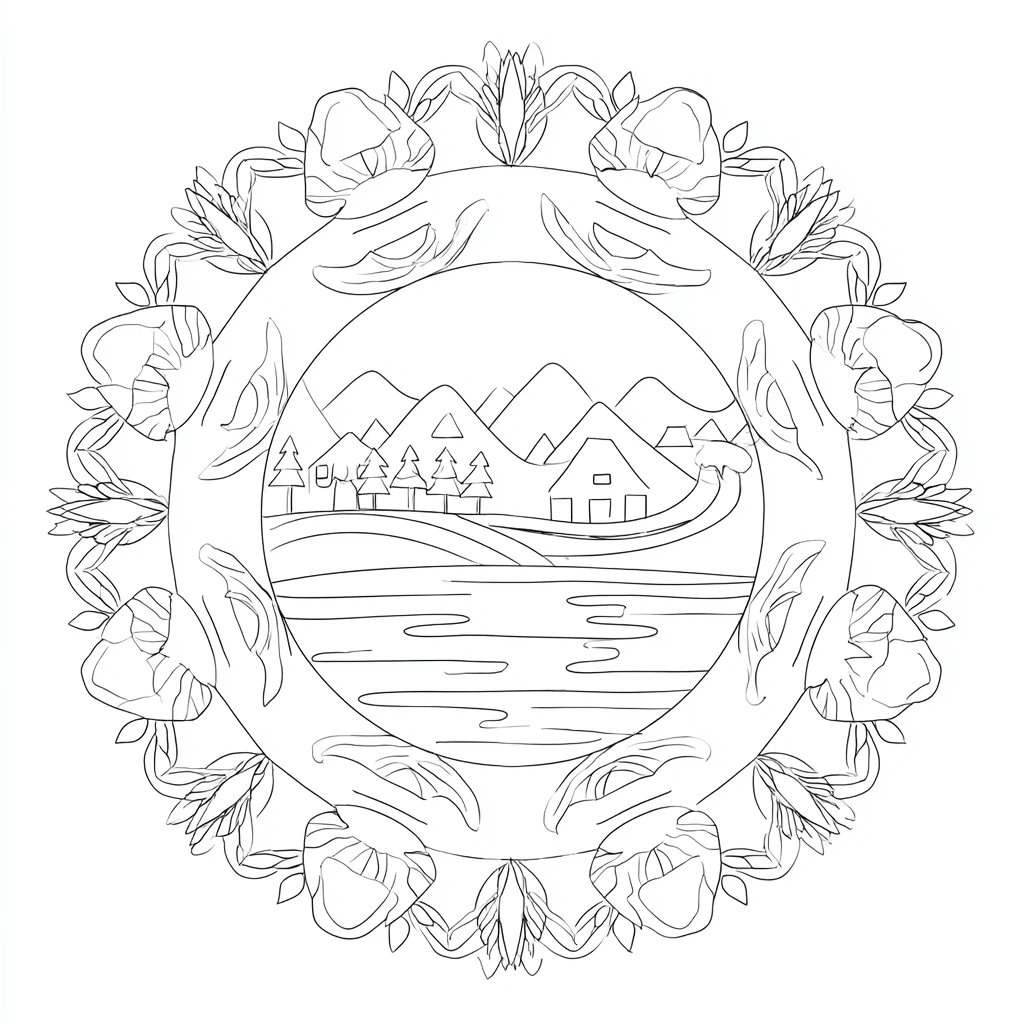 Dibujo de mandala de corona floral con centro paisajístico para colorear