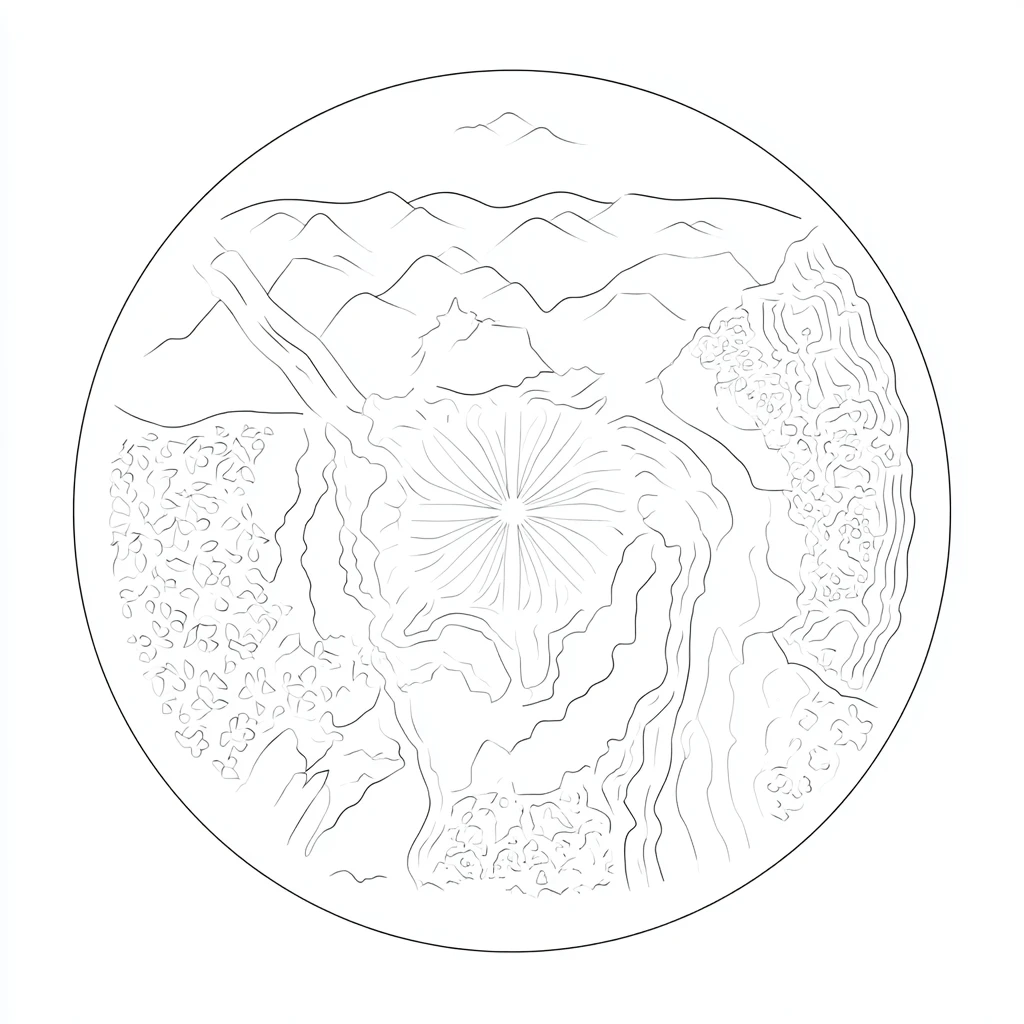 Dibujo de mandala circular de paisaje con vista aérea para colorear