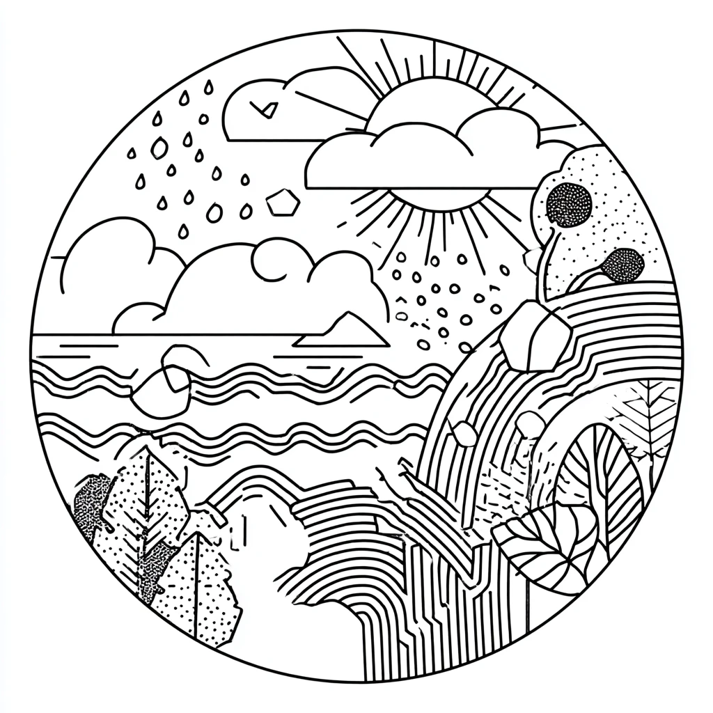 Dibujo de mandala circular de paisaje con las cuatro estaciones para colorear