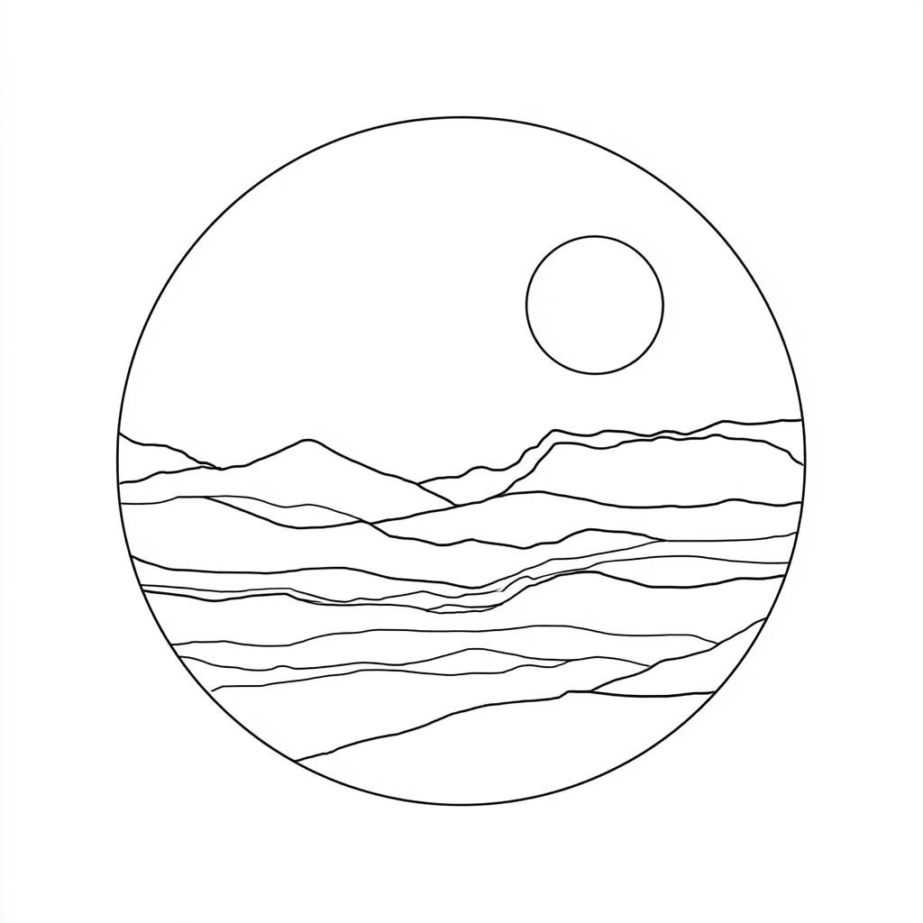 Dibujo de mandala minimalista de paisaje montañoso para colorear