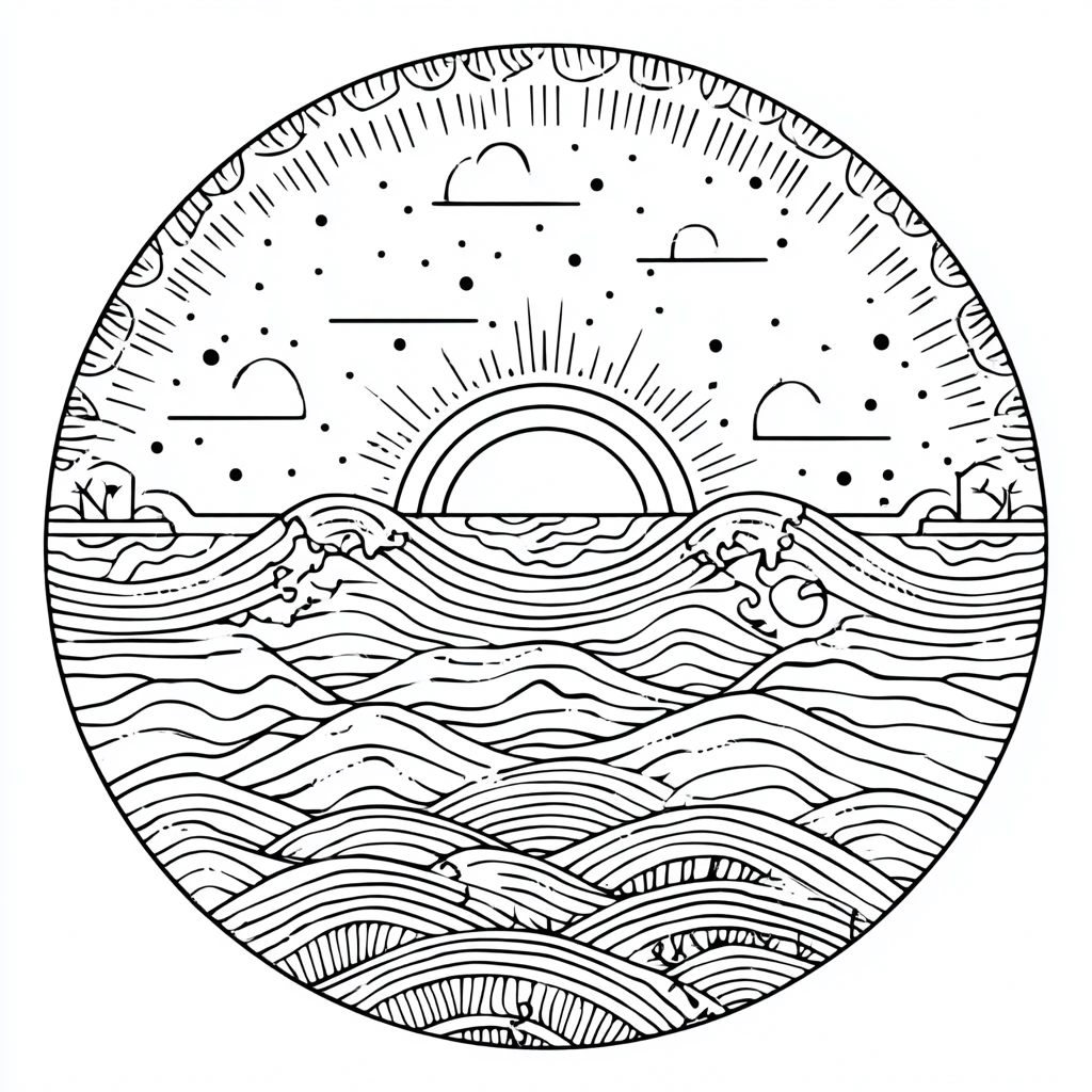 Dibujo de mandala de mar y cielo con patrones ondulados para colorear