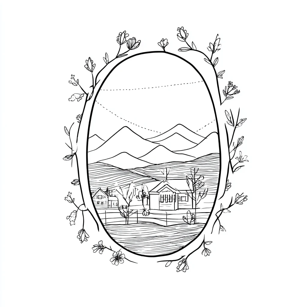 Dibujo de mandala ovalado rural con guirnalda de flores para colorear