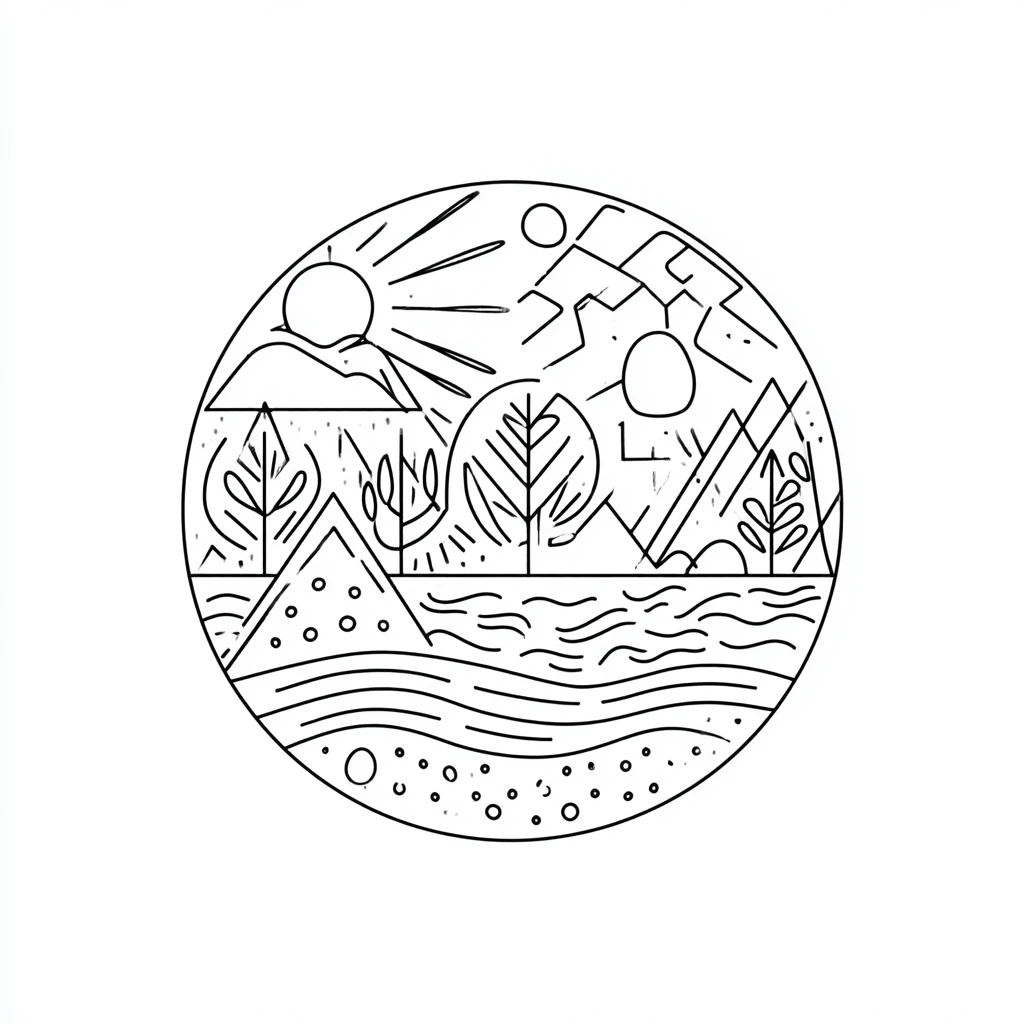 Dibujo de mandala de paisaje natural con decoración tribal para colorear