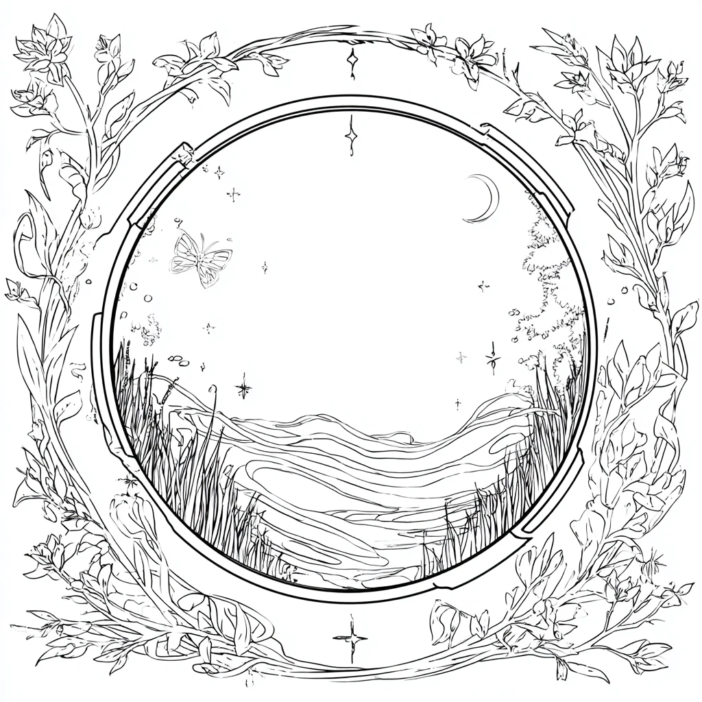 Dibujo de mandala floral de paisaje idílico natural para colorear