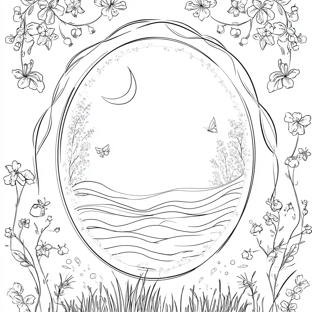 Dibujo de mandala con escena ovalada de paisaje natural para colorear