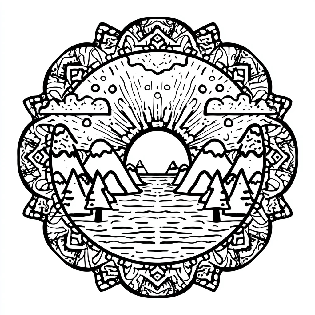 Dibujo de mandala de paisaje invernal con marco decorativo para colorear