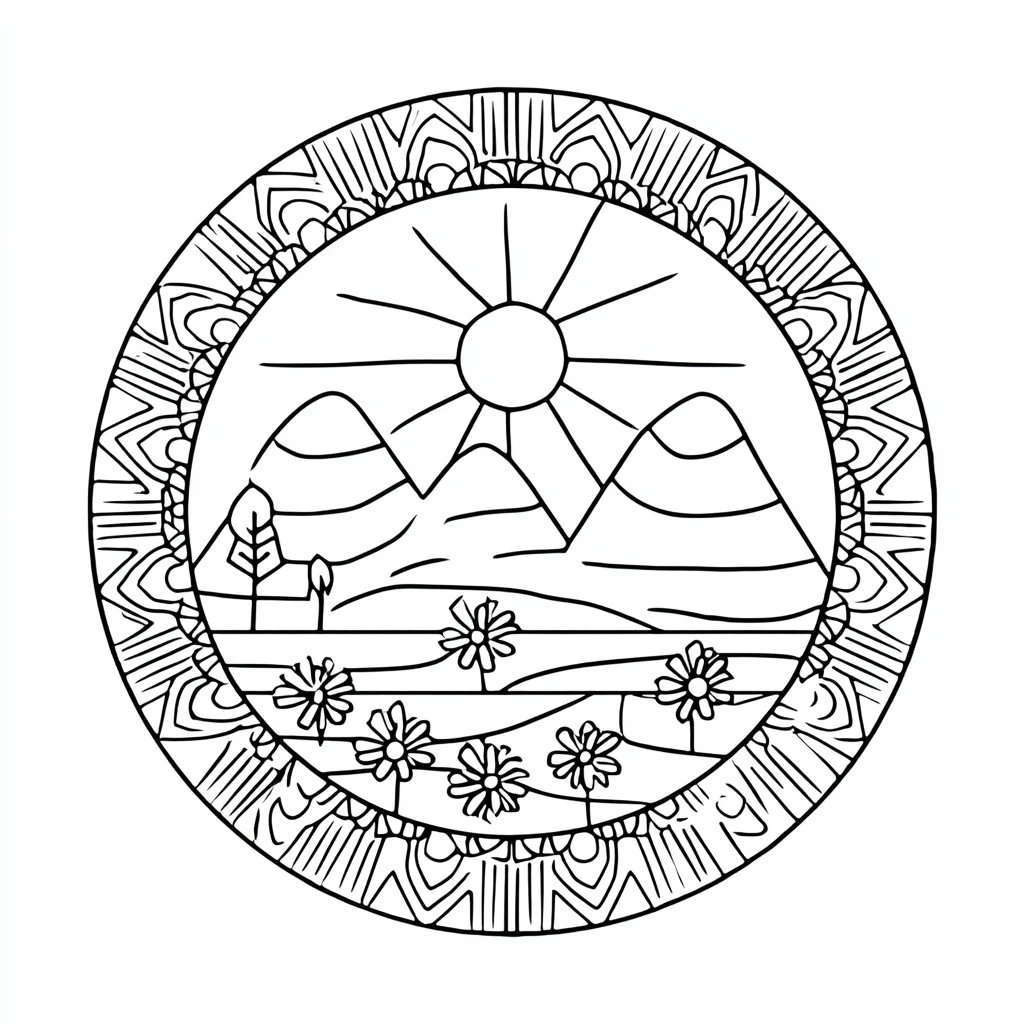 Dibujo de mandala primaveral con borde decorativo circular para colorear