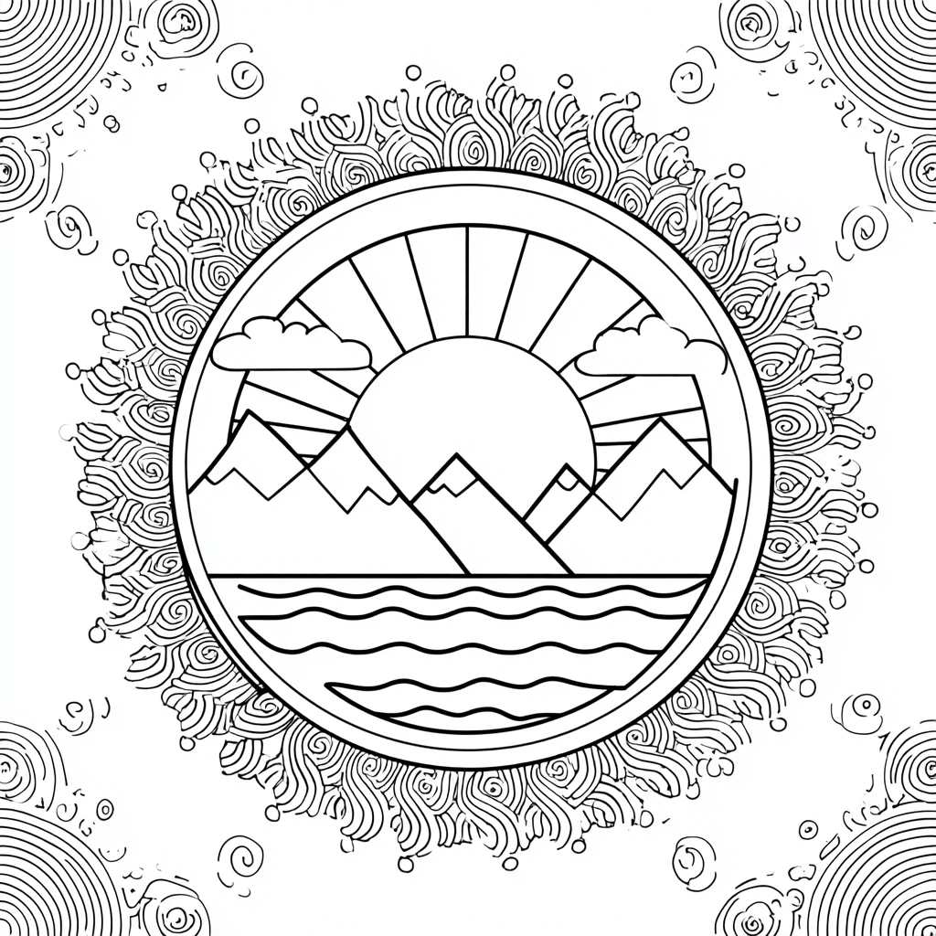 Dibujo de mandala de montañas nevadas con volutas decorativas para colorear