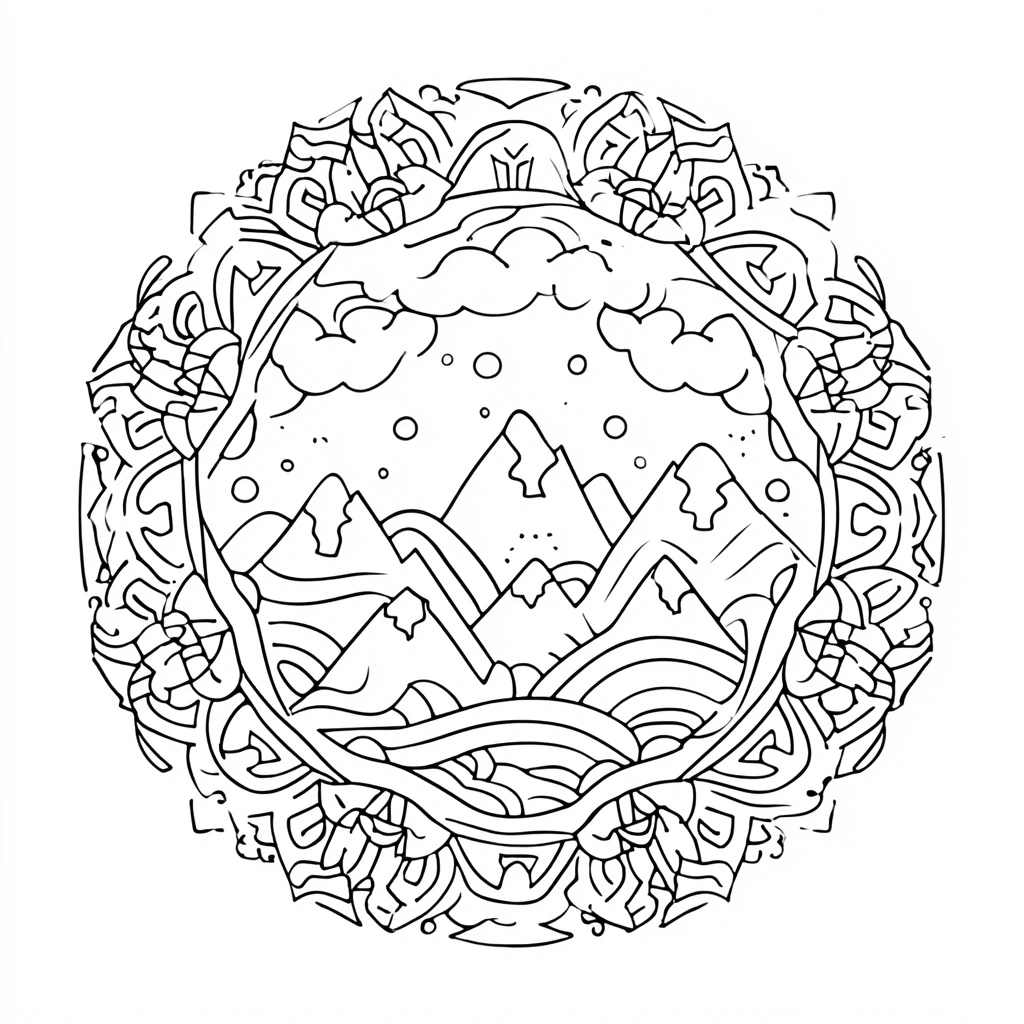 Dibujo de mandala de paisaje montañoso con marco decorativo para colorear