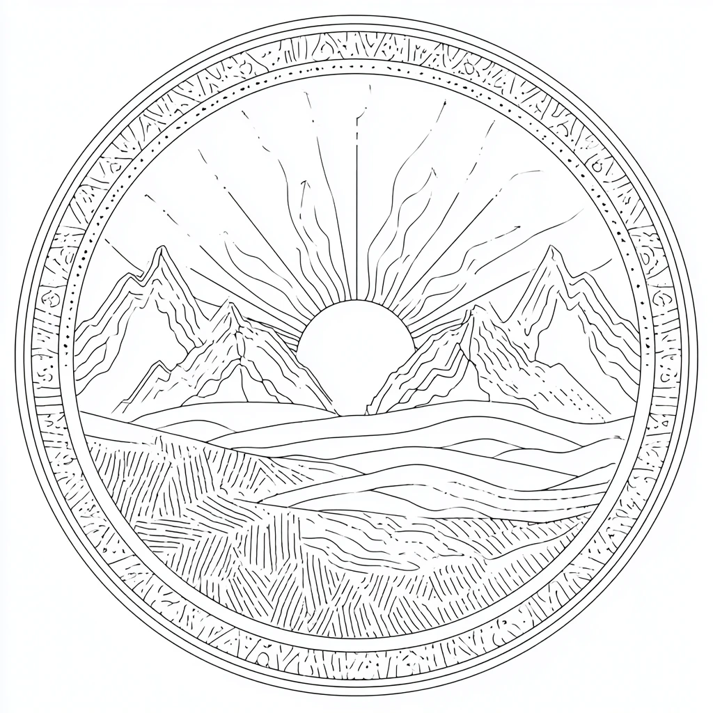 Dibujo de mandala de paisaje montañoso de arte lineal para colorear