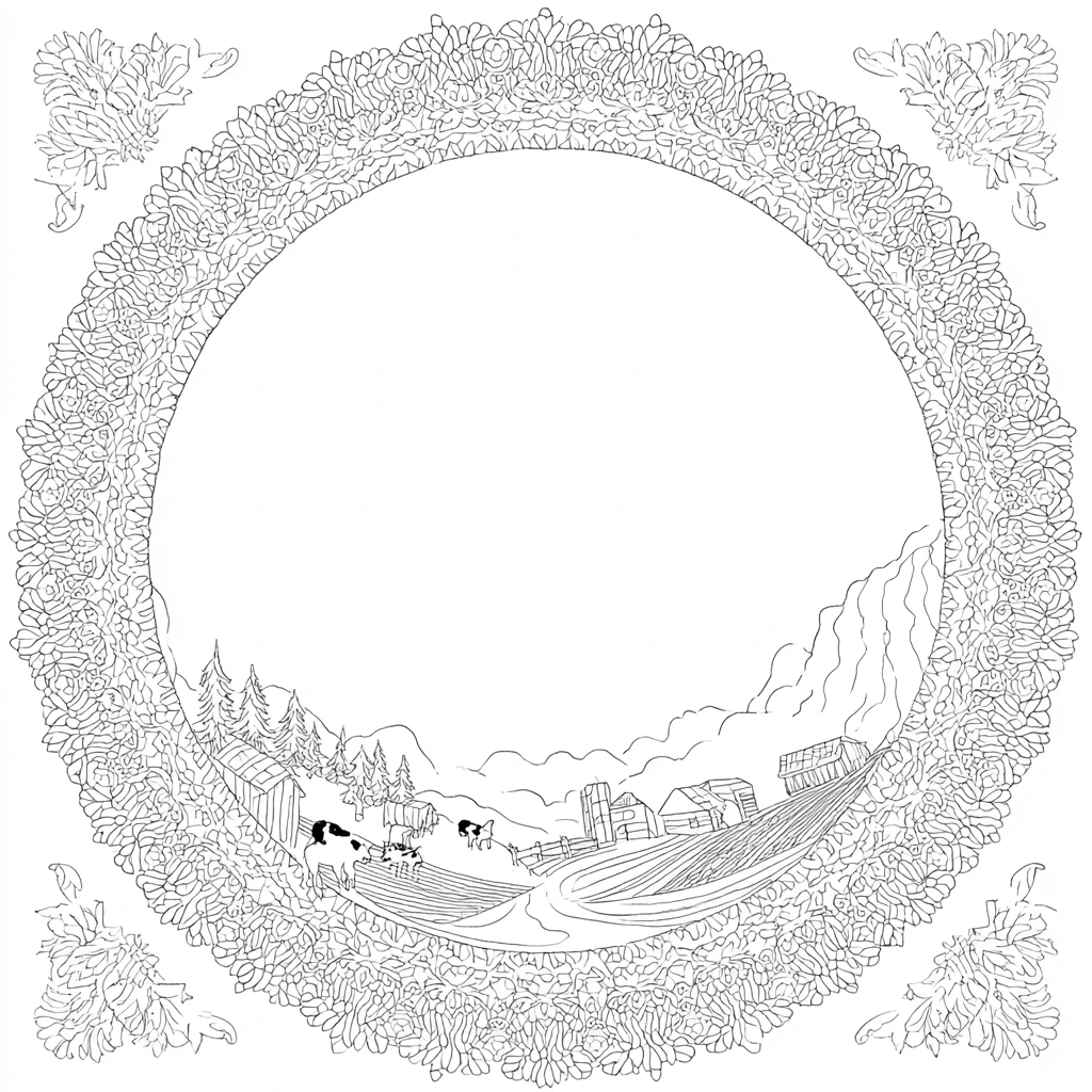 Dibujo de mandala detallista de granja con marco decorativo para colorear
