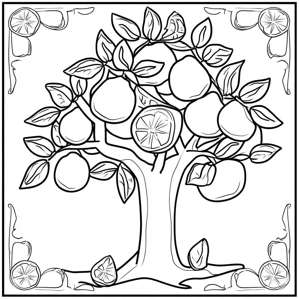 Dibujo de contorno artístico de árbol frutal para colorear Dibujo de contorno artístico de árbol frutal para colorear