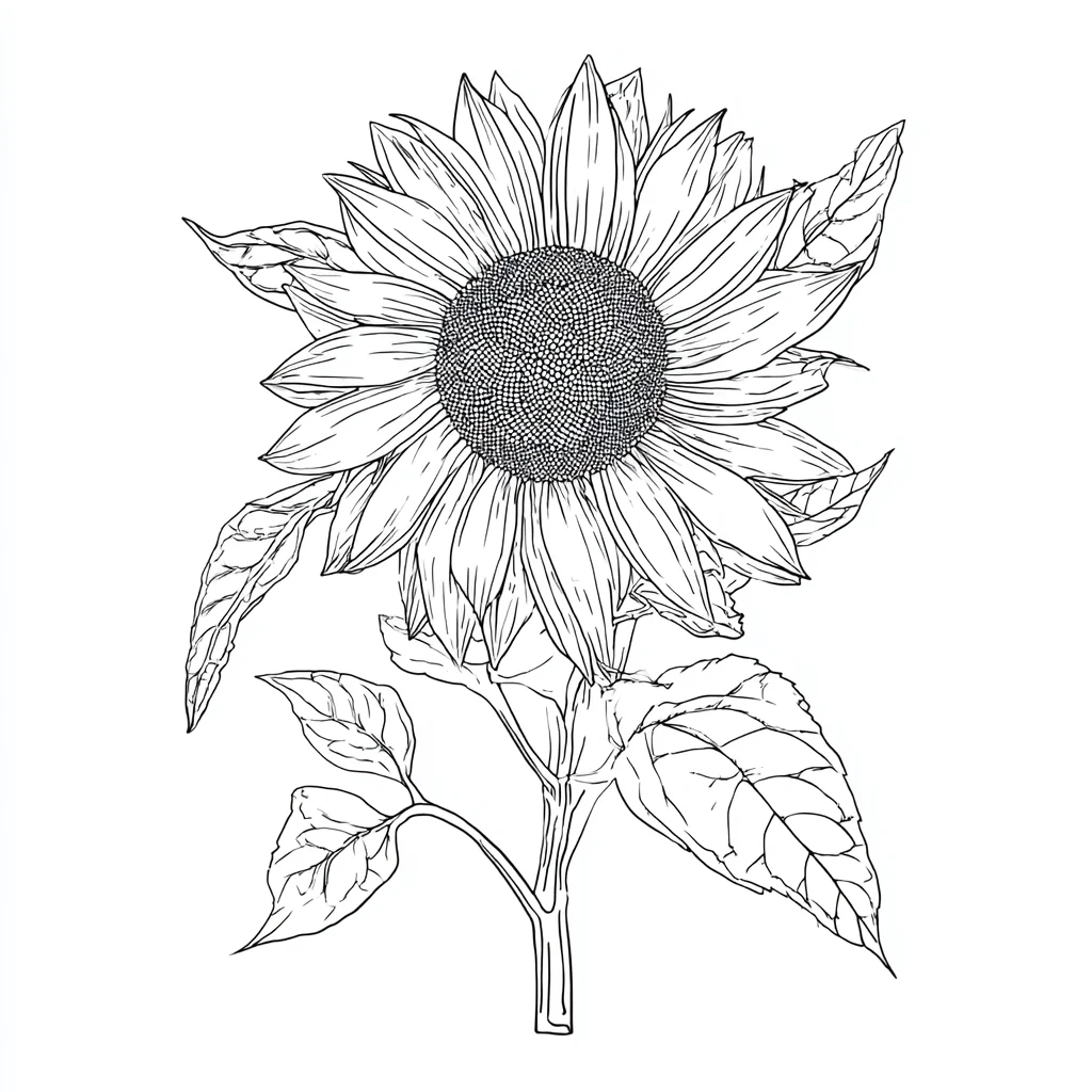 Dibujo de girasol botánico de trazo fino para colorear Dibujo de girasol botánico de trazo fino para colorear