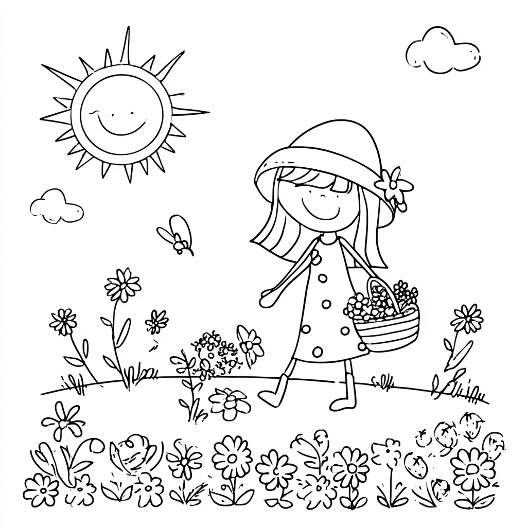 Dibujo de niña feliz paseando entre flores para colorear Dibujo de niña feliz paseando entre flores para colorear