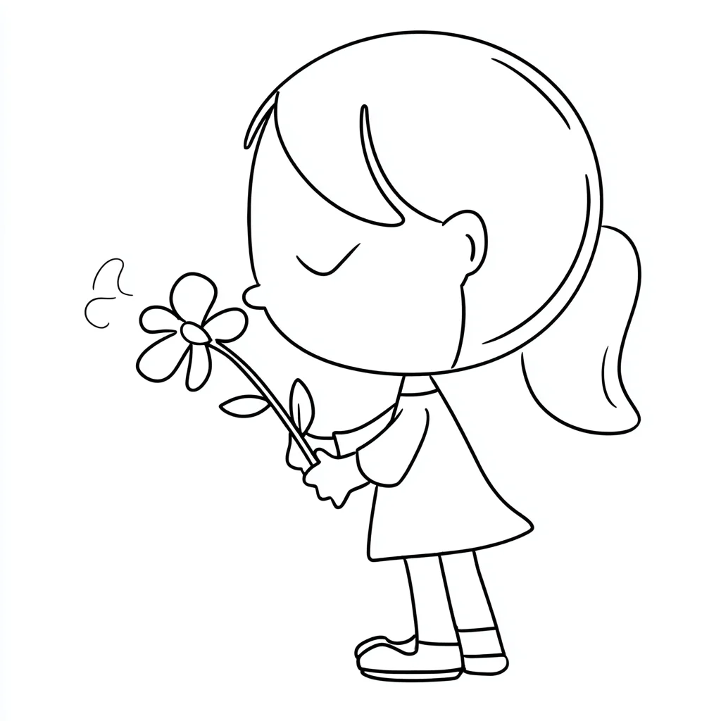 Dibujo de contorno de niña oliendo una flor para colorear Dibujo de contorno de niña oliendo una flor para colorear