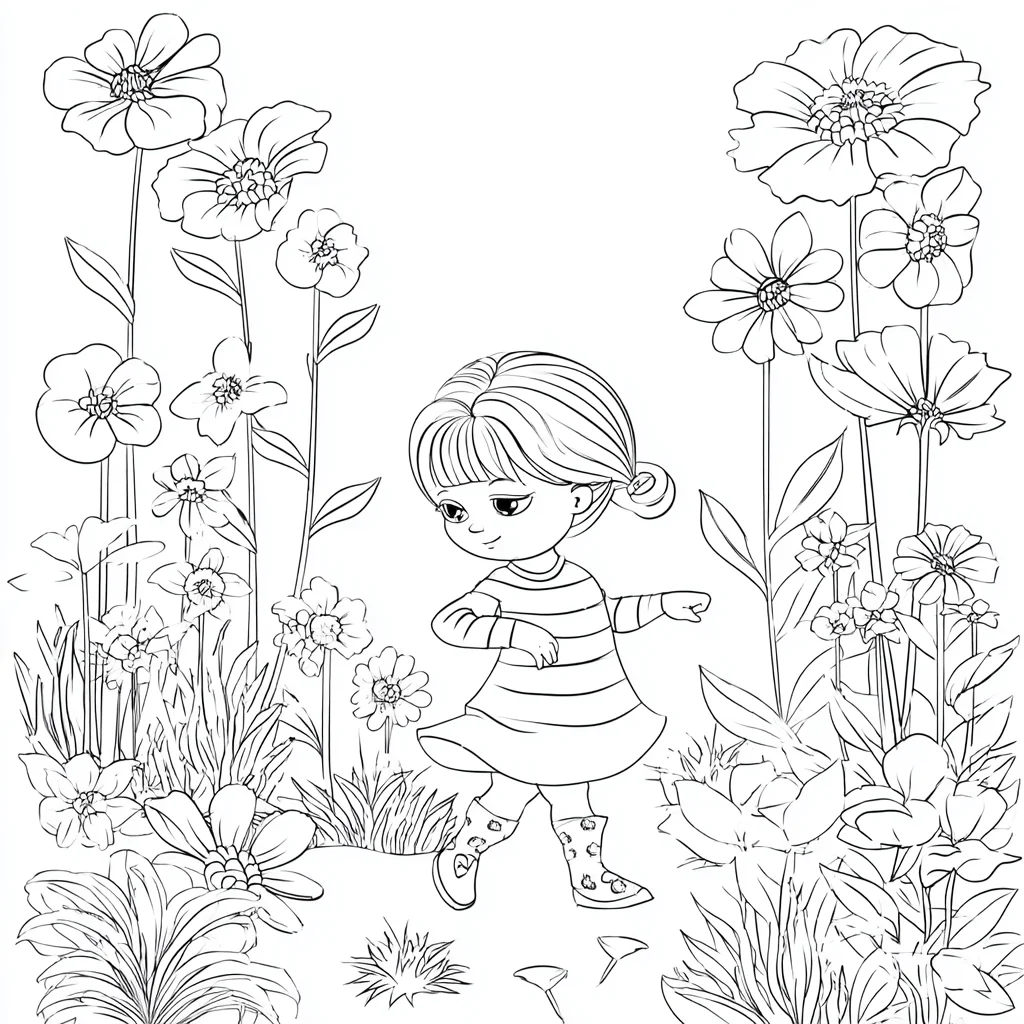 Dibujo de niña pequeña rodeada de flores para colorear Dibujo de niña pequeña rodeada de flores para colorear