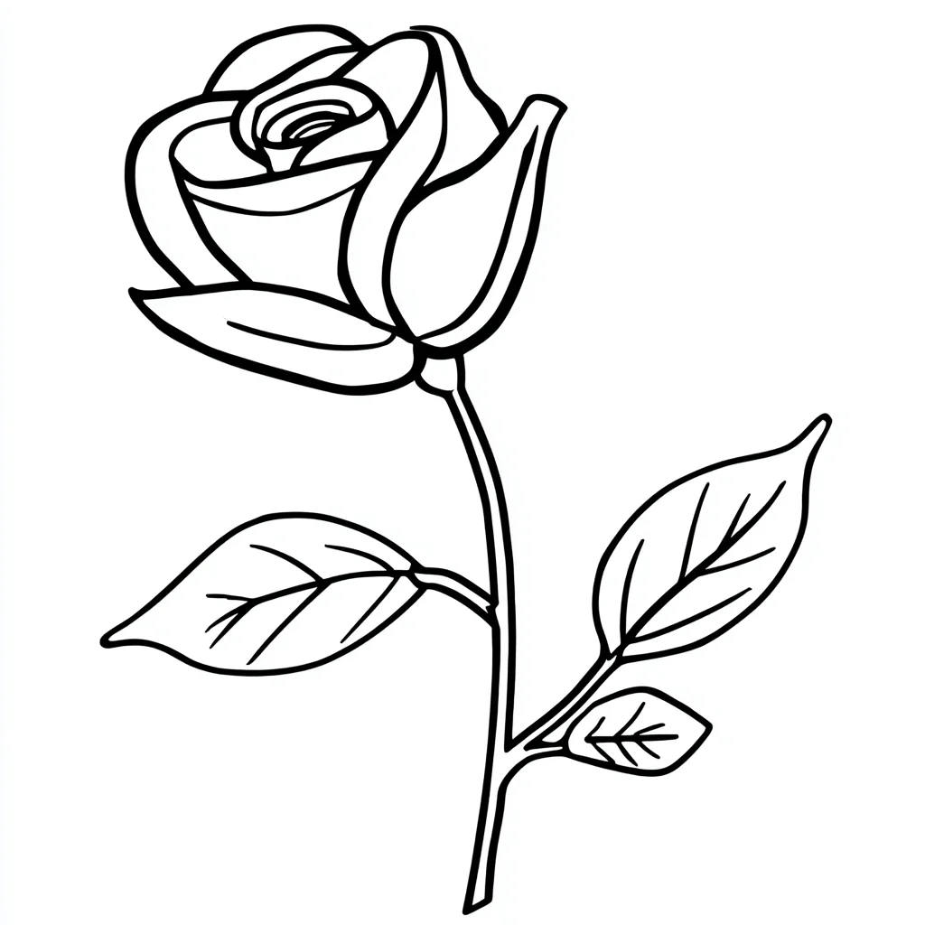 Dibujo de rosa con hojas de trazo grueso para colorear Dibujo de rosa con hojas de trazo grueso para colorear