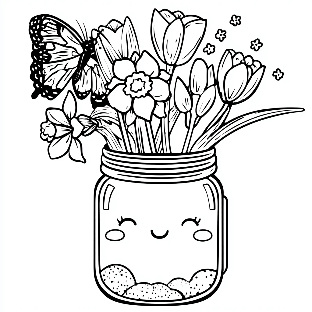 Dibujo de bote chibi con flores y mariposa para colorear Dibujo de bote chibi con flores y mariposa para colorear