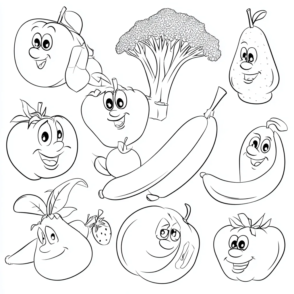 Dibujo de verduras y frutas chibi para colorear