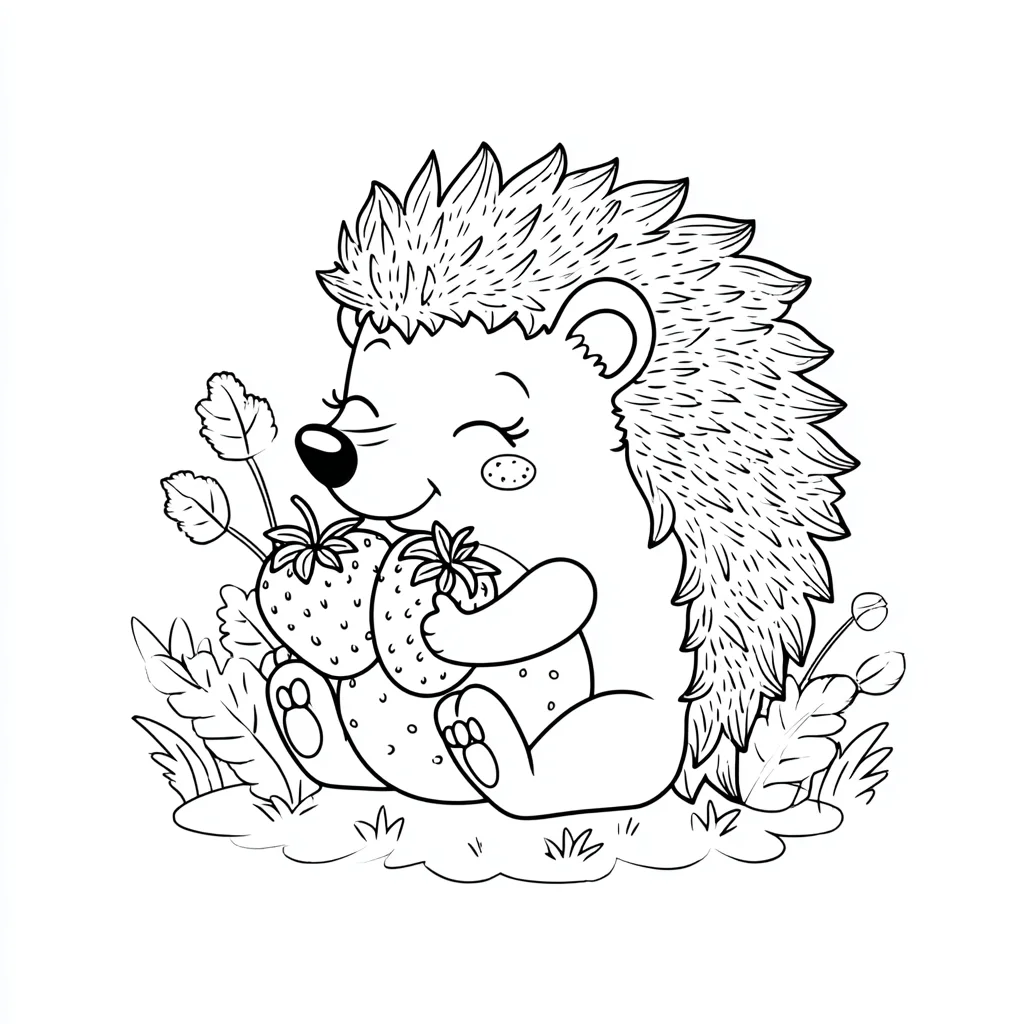 Dibujo de erizo feliz con fresas para colorear