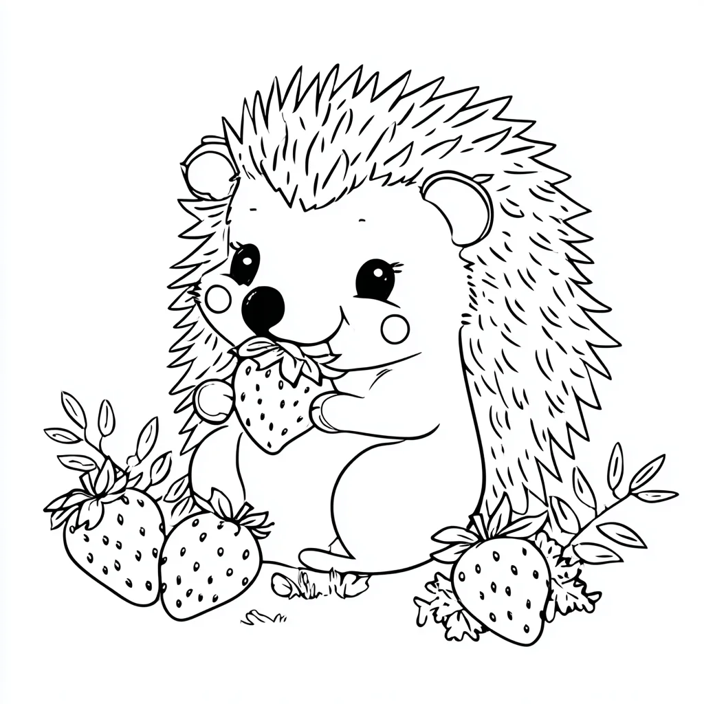 Dibujo de lindo erizo comiendo fresas para colorear