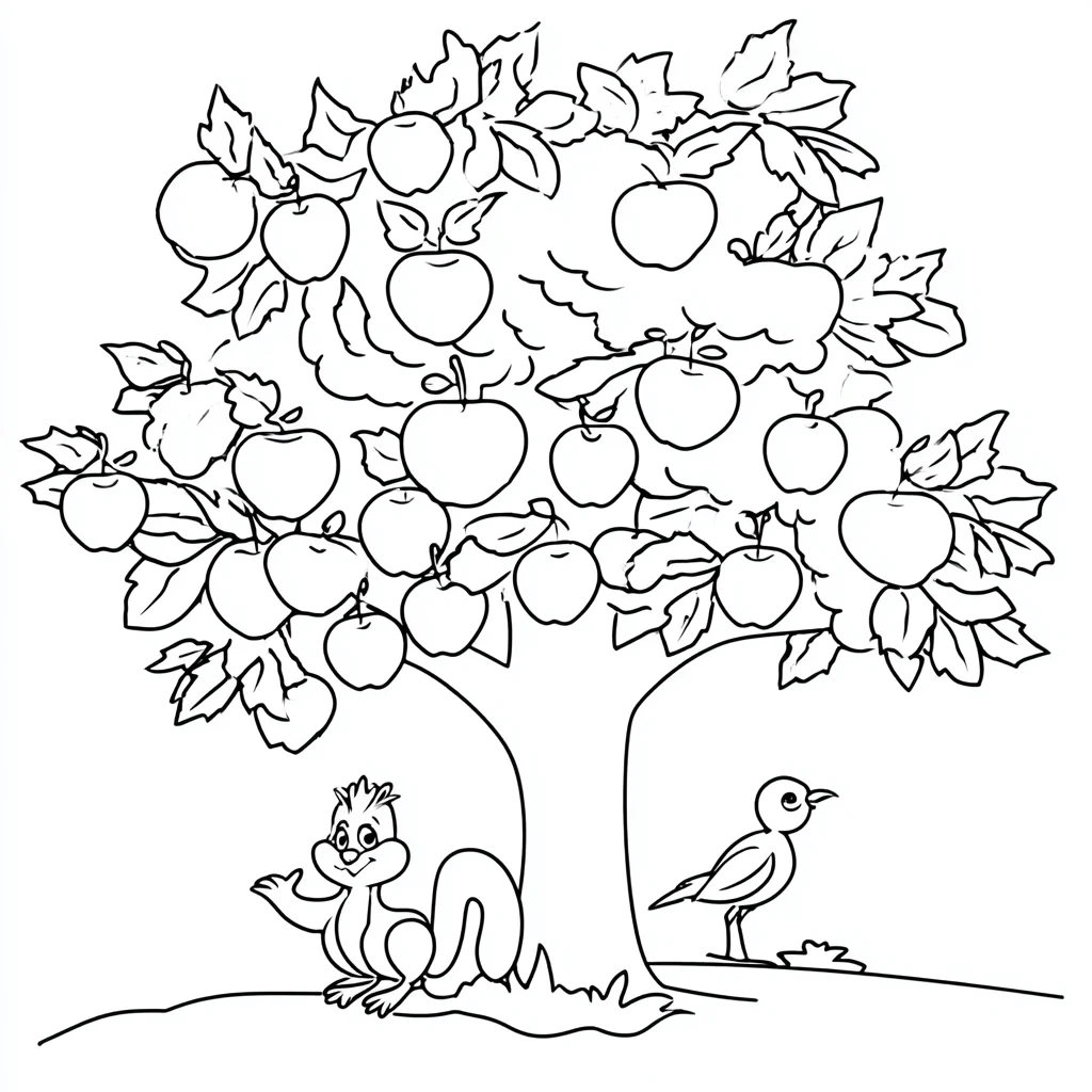 Dibujo de ardilla y pájaro bajo el manzano para colorear