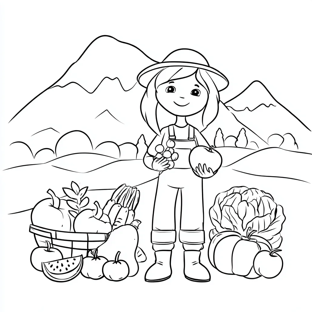 Dibujo de la granjera con verduras y frutas para colorear